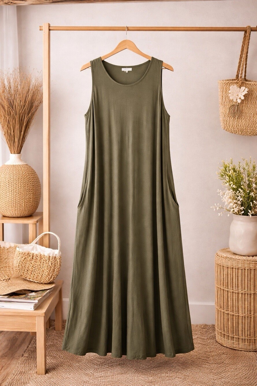 Basique Dress Large Olive Green Sleeveless Maxi Dress Pockets Flowy Casual